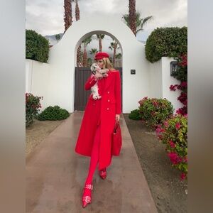 Elliatt Vibrant Red Long Coat Double breasted gold buttons NWOT quiet luxury